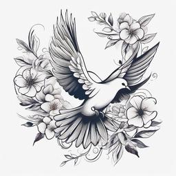 Dove Tattoo with Flowers-Delightful and artistic tattoo featuring a dove with flowers, capturing themes of nature and beauty.  simple color tattoo,white background