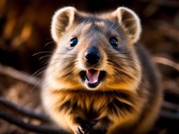 fluffy baby quokka with a perpetual smiling expression. 