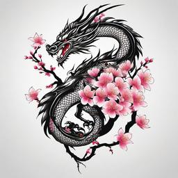 Cherry Blossom Dragon Tattoo - Tattoos featuring both cherry blossom and dragon motifs.  simple color tattoo,minimalist,white background