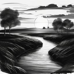 drawing of a sunset with a river  minimal rough sketch scribbles,doodles,black and white