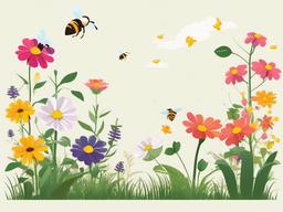 Plant clipart - garden of flowers with bees flying  color,minimalist,vector clipart