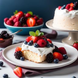 fluffy and delicate angel food cake, topped with fresh berries and a cloud of whipped cream. 