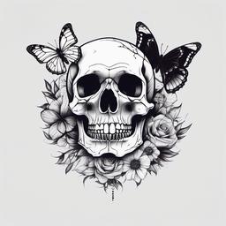 skull with butterflies tattoo  simple color tattoo,white background,minimal