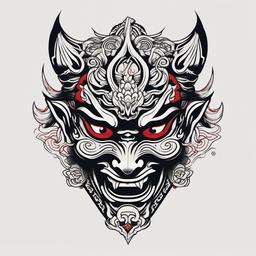 Japanese Mask Demon Tattoo - Tattoo incorporating demon motifs inspired by traditional Japanese masks.  simple color tattoo,white background,minimal