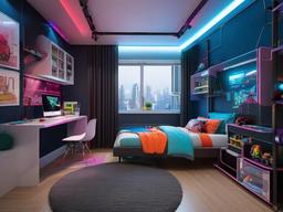 In the kids' room, cyberpunk interior design showcases vibrant furniture, fun decor, and tech-inspired accents that encourage imagination and playfulness.  