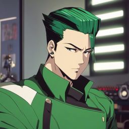 Boy with green slicked-back hair in a retro anime studio.  front facing, profile picture, anime style