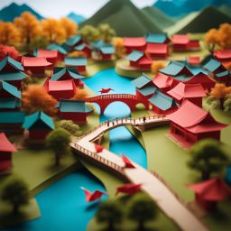 Origami!  drone view of a chinese village with buffalo pulling carts and birds flying and guilin style mountains with rivers and bridges, Origami paper folds papercraft, made of paper, stationery, 8K resolution 64 megapixels soft focus