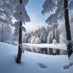 snowy wonderland, a winter landscape adorned with snow-covered trees and frozen lakes. 