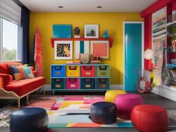 The storage room showcases Pop Art interior design with organized bins, bold colors, and eclectic decor that maximize efficiency while adding character to the space.  