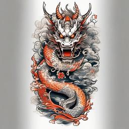 A forearm sleeve tattoo japanese style but with mininum colour usage. With hannya mask on inner forearm right above the palm.   koi and dragon (not koi with dragon's head) on rest of the forearm. Empty space cover with japanese tattoo art  ,tattoo design, white background