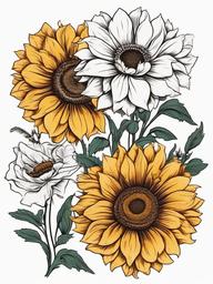 Carnation and Sunflower Tattoo,Adoration and positivity expressed in a tattoo featuring carnations and sunflowers, a radiant and uplifting choice.  simple color tattoo,minimal vector art,white background