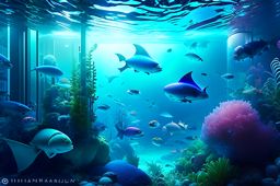 underwater wonderland office submerged in an aquarium-like atmosphere with marine life. 