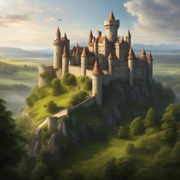steadfast medieval castle with towering turrets, surrounded by a vast, lush kingdom. 