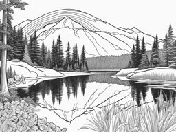 rainbow coloring pages - a rainbow arches over a tranquil lake in a mountain valley. 