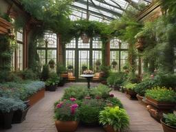 The greenhouse showcases Russian Revival interior design with elegant planters, rich greenery, and traditional decorations that create an inspiring environment for gardening and plant care.  