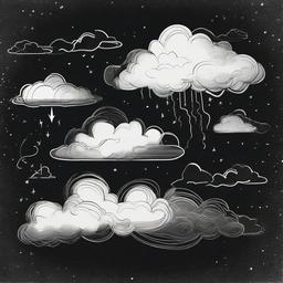 drawing of clouds with lightning  minimal rough sketch scribbles,doodles,black and white