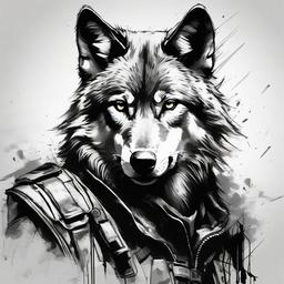 drawing of a wolf in battlefield  minimal rough sketch scribbles,doodles,black and white