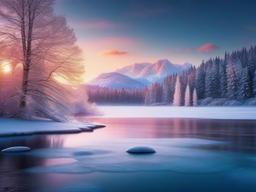 Christmas wallpaper - Frozen lake surrounded by snow-covered trees and distant mountains  aesthetic background wallpaper