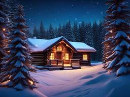 Christmas wallpaper - Wooden cabin surrounded by snow and pine trees with holiday lights  aesthetic background wallpaper