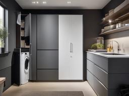 A utility room designed with Bauhaus interior design includes efficient storage solutions, a clean aesthetic, and practical surfaces that make chores feel more manageable and stylish.  