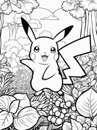 pokemon coloring pages - pikachu and friends explore a lush forest filled with berries. 