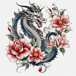 Dragon Tattoo Flowers - Dragon tattoos combined with various flower elements for an elegant design.  simple color tattoo,minimalist,white background