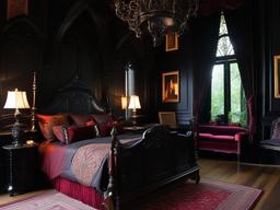 Gothic bedroom features dark wood furniture, rich colors, and ornate details, creating a dramatic and moody sanctuary for sleep.  