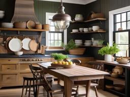 Farmhouse kitchen offers a large wooden dining table, open shelves filled with dishware, and vintage accents for a warm, homey feel.  