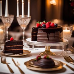 decadent chocolate cake with layers of ganache, served at an elegant wedding banquet. 