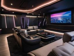 A media room designed with cyberpunk interior design features plush seating, dynamic lighting, and urban art that enhances the cinematic experience with a futuristic edge.  