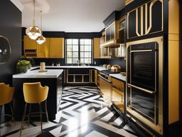 Art Deco kitchen includes bold geometric patterns, stylish finishes, and vintage-inspired appliances, providing a glamorous and functional cooking space.  