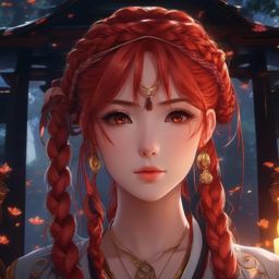 Girl with red braided hair in a mystical shrine.  close shot of face, face front facing, profile picture, anime style