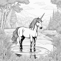 unicorn coloring pages - wise unicorn standing beside a crystal-clear pond, offering its guidance to a lost traveler. 