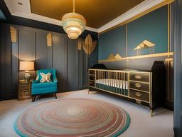 The nursery features Egyptian Revival interior design with playful colors, ornate decor, and thematic elements that create a stimulating and safe environment for the baby.  