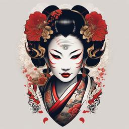 Geisha Hannya Mask Tattoo-Intricate and cultural tattoo featuring a geisha with a Hannya mask, capturing traditional Japanese aesthetics.  simple color tattoo,white background