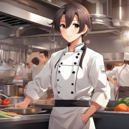 Adorable anime chef in a bustling kitchen.  front facing ,centered portrait shot, cute anime color style, pfp, full face visible
