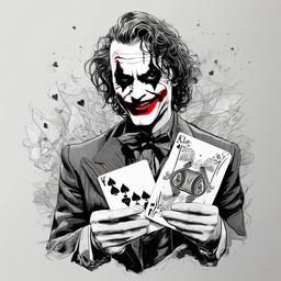 drawing of the Joker with playing cards  minimal rough sketch scribbles,doodles,black and white