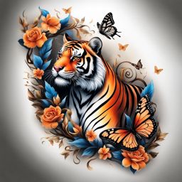 Tiger and butterfly tattoo, Creative tattoos blending the elegance of butterflies with the strength of a tiger.  viviid colors, white background, tattoo design