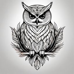 Owl tattoo merging with nature, becoming a quill.  color tattoo style, minimalist design, white background