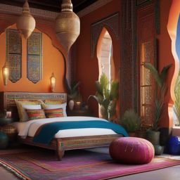 Moroccan Oasis Bedroom - Transport your bedroom to the enchanting world of Morocco. , bedroom interior decor design ideas, multicoloured, photo realistic, hyper detail, high resolution,