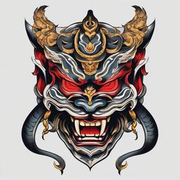 oni mask with snake tattoo  simple color tattoo,white background,minimal