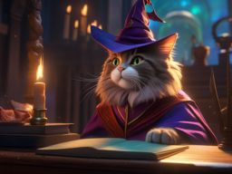 Young wizard's spell backfires, turning their cat into a talking, sarcastic companion. hyperrealistic, intricately detailed, color depth,splash art, concept art, mid shot, sharp focus, dramatic, 2/3 face angle, side light, colorful background