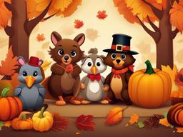 Thanksgiving Wallpaper-A playful Thanksgiving design, featuring cute animal characters dressed in Thanksgiving costumes.  aesthetic background wallpaper