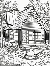 House Coloring Pages - Camp cabin in the woods with a fire pit outside  simple coloring pages