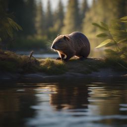 beaver kit building a dam along a peaceful river 8k ultrarealistic cinematic 