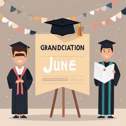 June clipart - graduation ceremony with June written on the banner  color,minimalist,vector clipart