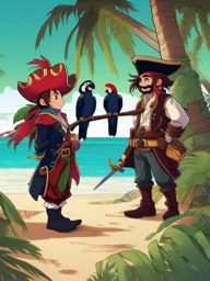 Mischievous pirate and mischievous pirate buddy, marooned on a deserted island, conspiring with a parrot to escape, as a matching pfp for friends. wide shot, cool anime color style