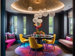 The dining nook features cosmic chic interior design with a round table, colorful chairs, and starry decor that creates a vibrant and inviting atmosphere for meals.  