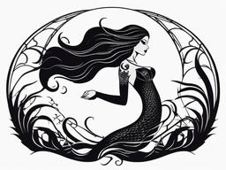 Goth Mermaid Tattoo - Infuse gothic vibes with a dark and mysterious goth-inspired mermaid tattoo.  simple vector color tattoo,minimal,white background