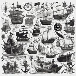 drawing of pirates  minimal rough scribbles,doodles,black and white